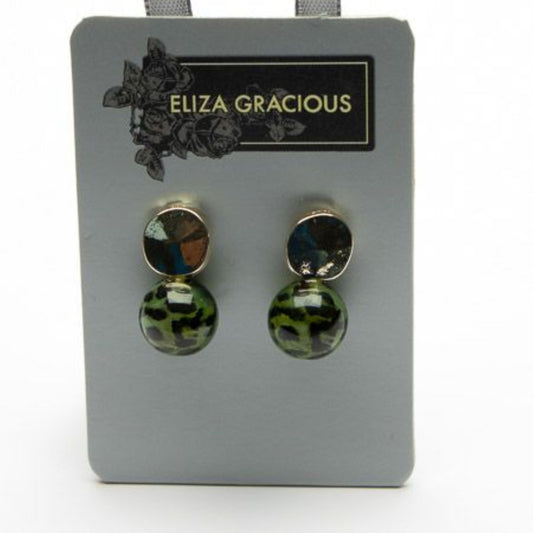Eliza Gracious Green Leopard Glass Bead Stud Earrings - EE0248