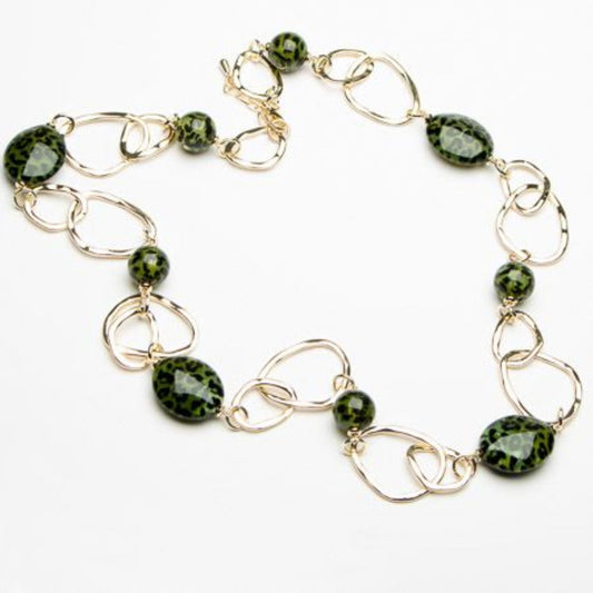 Eliza Gracious Green Leopard Print Beads on Long Necklace - EN1045