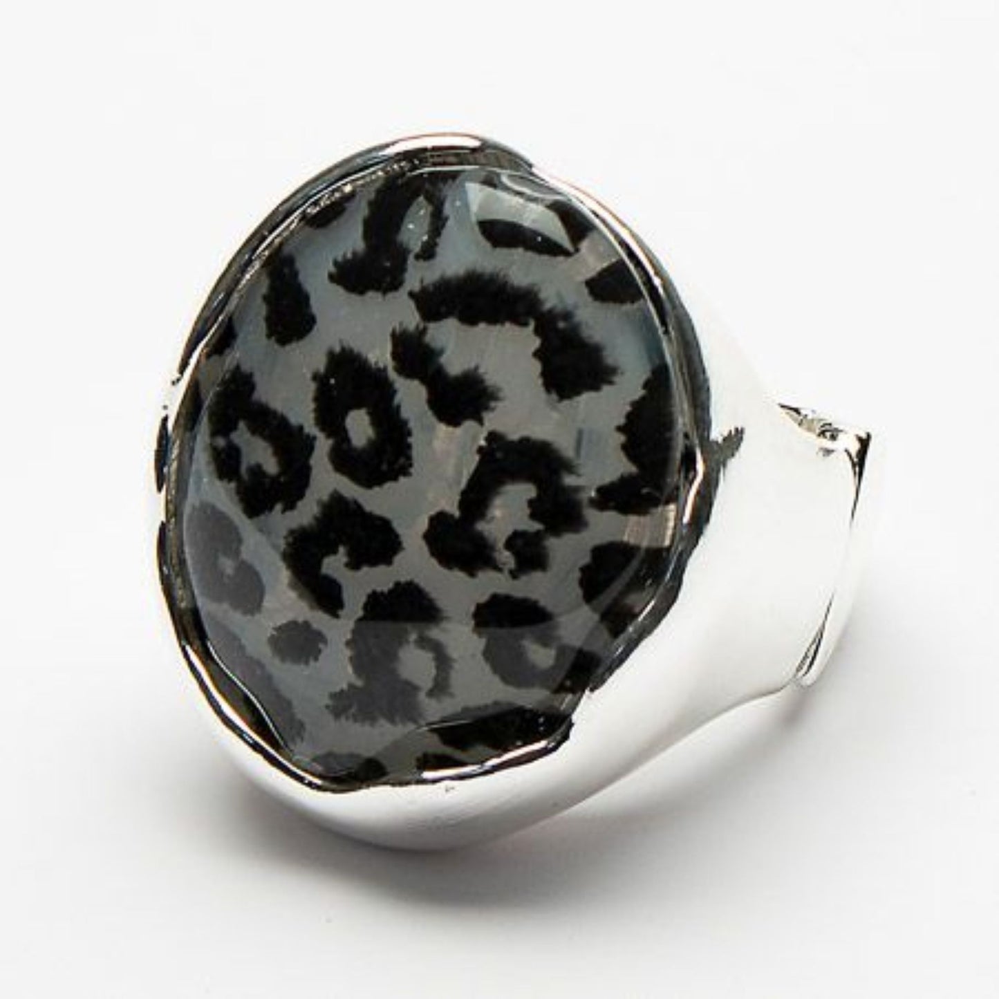 Eliza Gracious Silver - Grey Leopard Print Resin Stone Ring  - ER0196