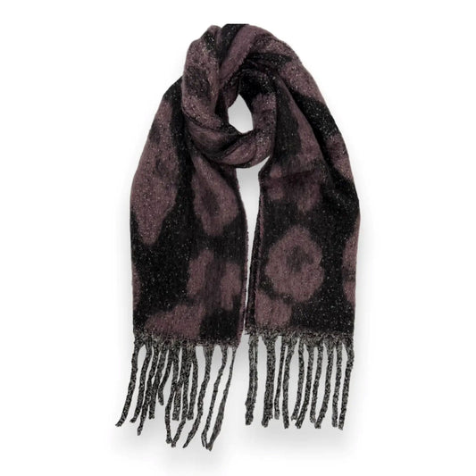 Black/Purple Fluffy Leopard Print Scarf with Tassels