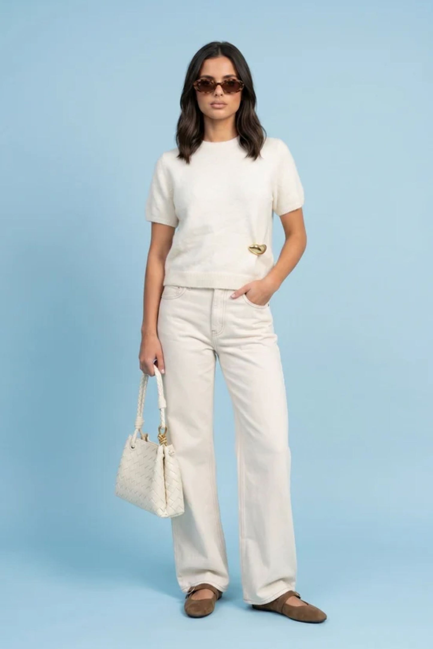 Gold Trim Short Sleeve Jumper in Cream