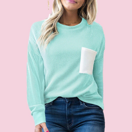 Iceland Blue Corded Knit Pocketed Long Sleeve Top