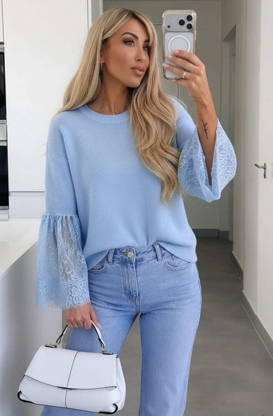 Alpaca Blend Lace Cuff Light Knitted Jumper in Blue