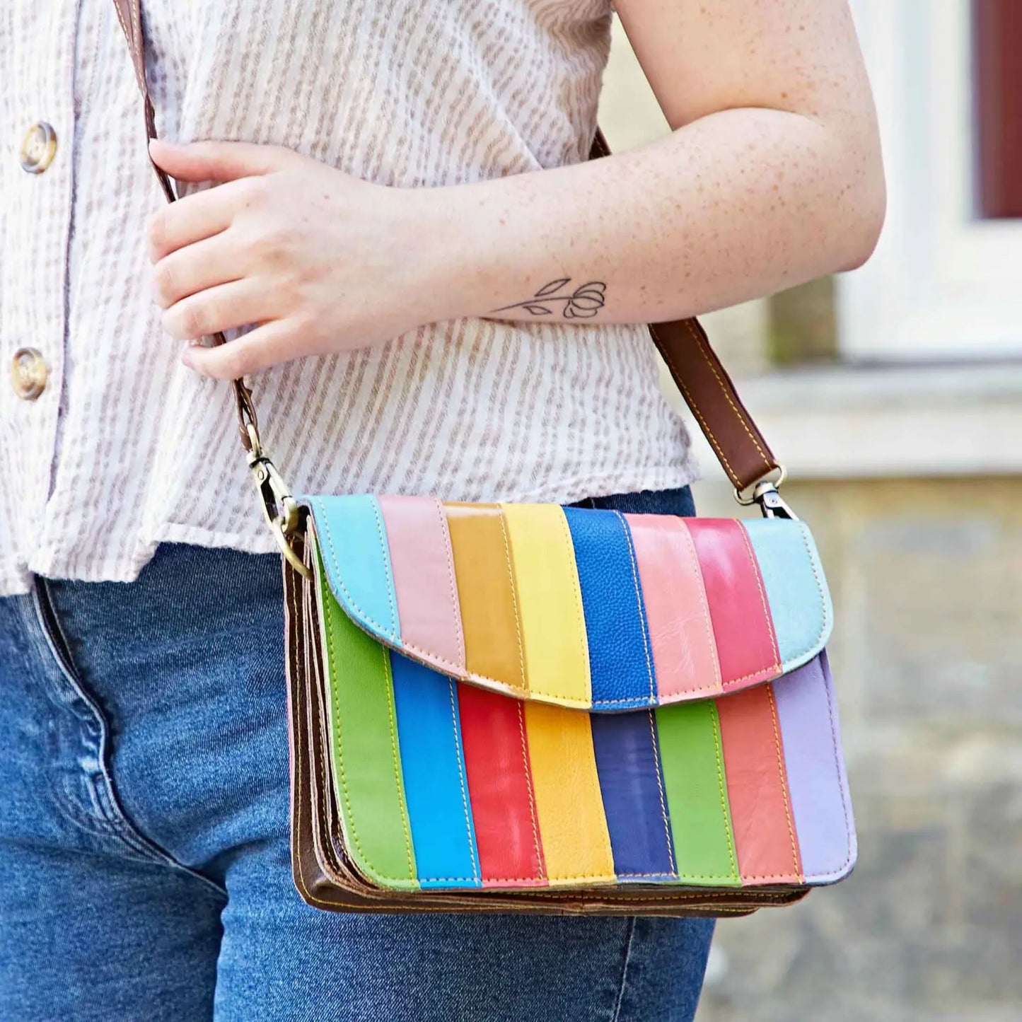 Recycled Leather Multicoloured Cross Body Bag (Handmade)