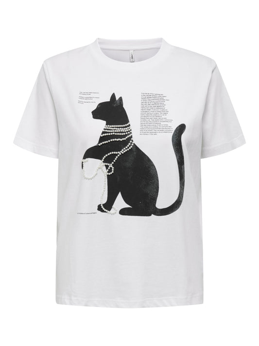 ONLY White Cat T-Shirt with Embellished Pearls