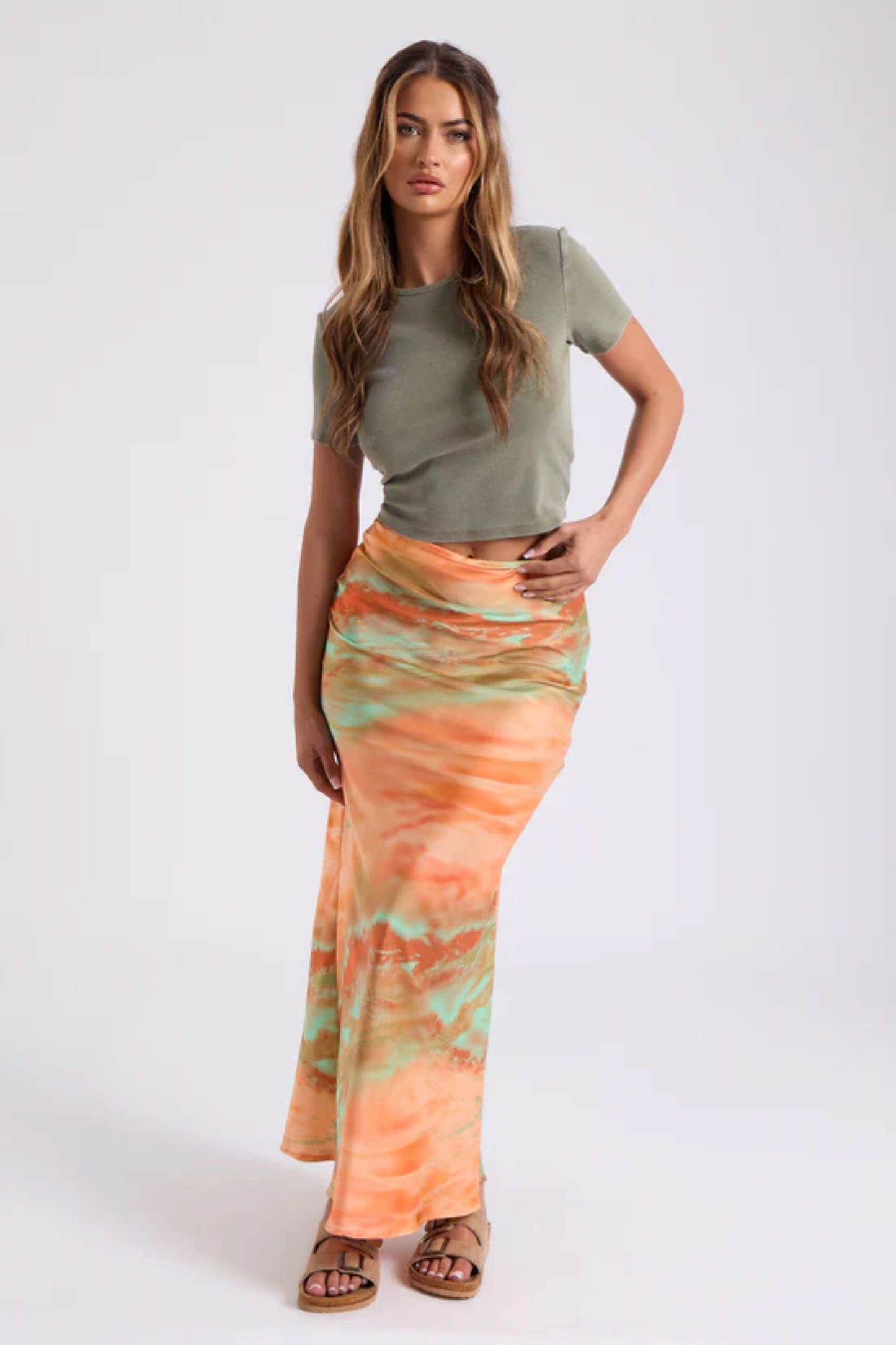 Orange Print Tie Dye Maxi Skirt