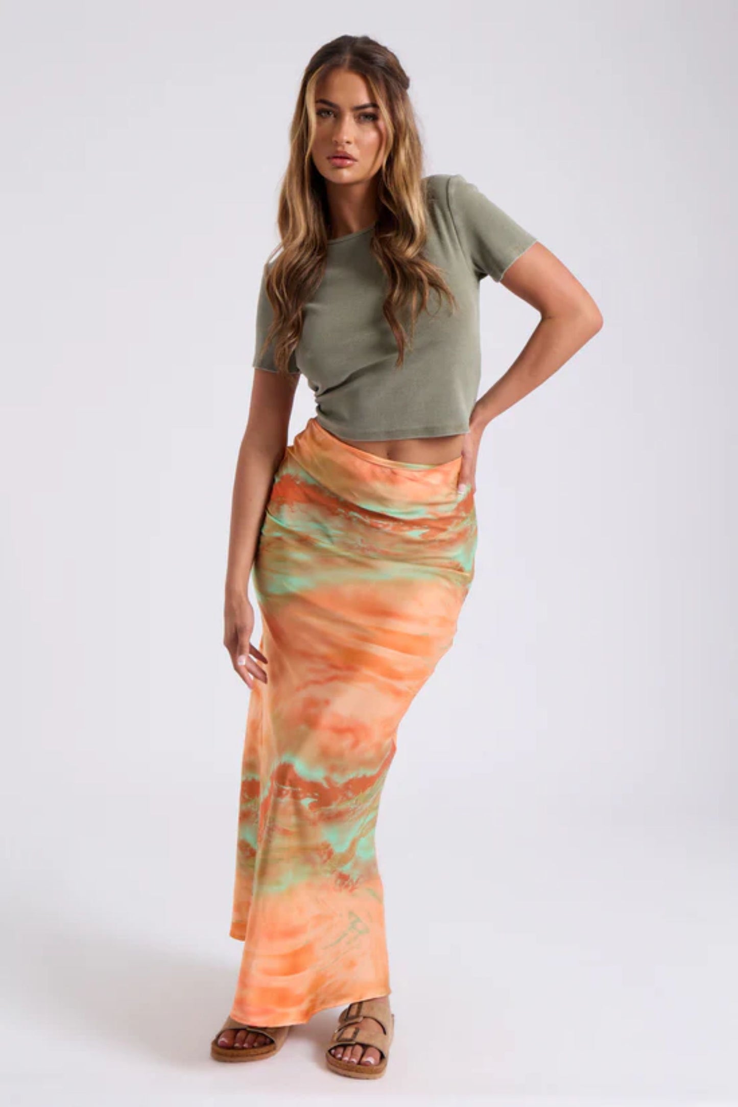 Orange Print Tie Dye Maxi Skirt
