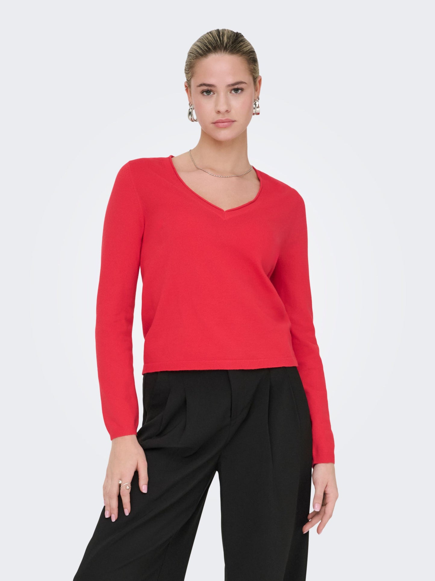 ONLY Soft Knit V Neck Top in Red