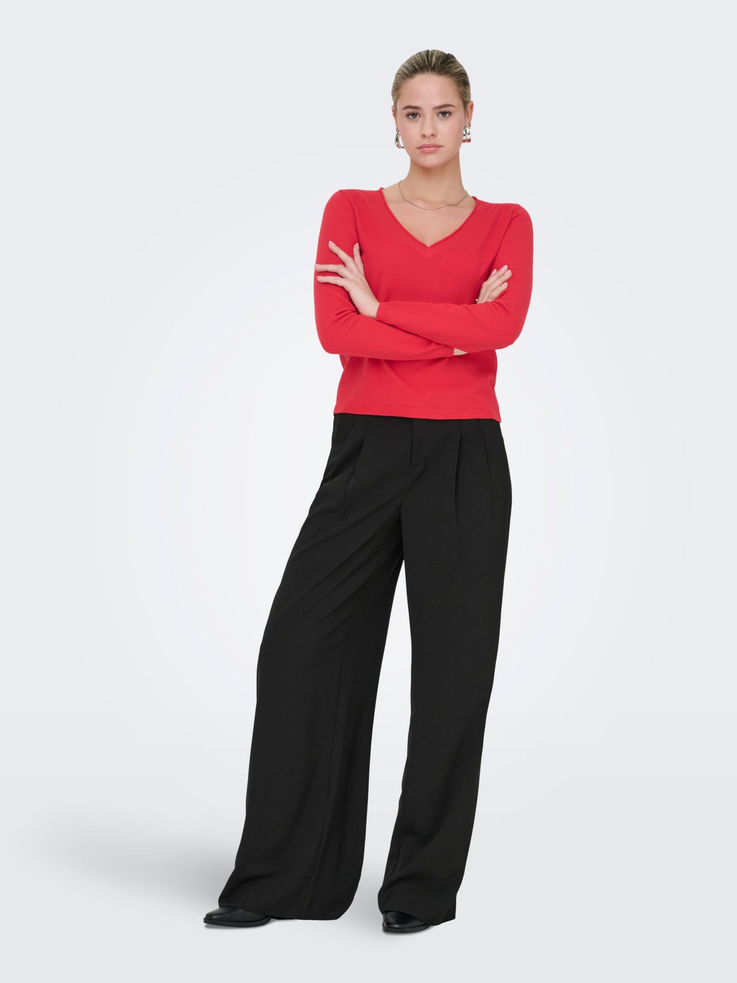 ONLY Soft Knit V Neck Top in Red