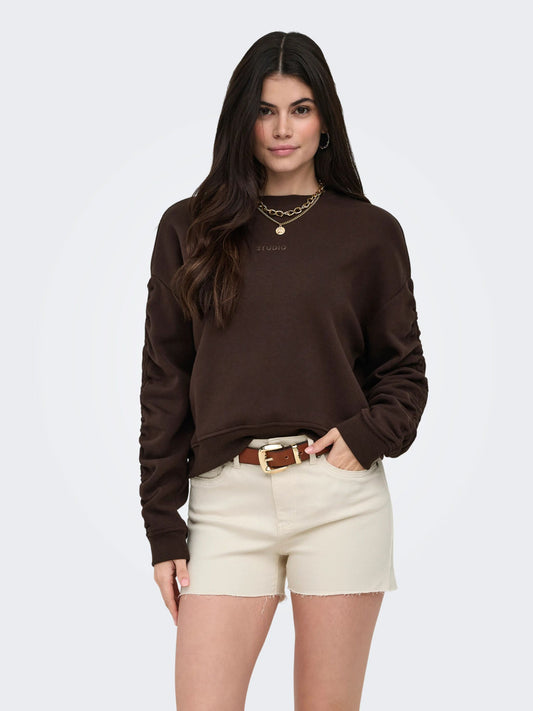 ONLY Ruched Sleeve Crew Neck Jumper in Chocolate