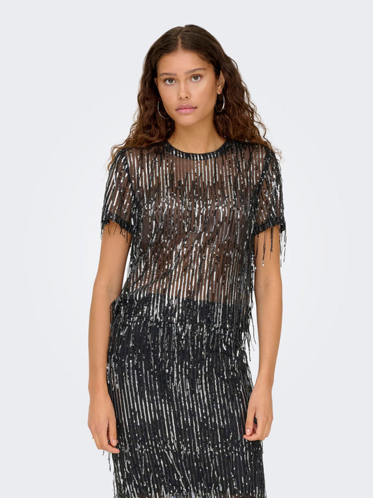 ONLY Black Sequin Mesh Top