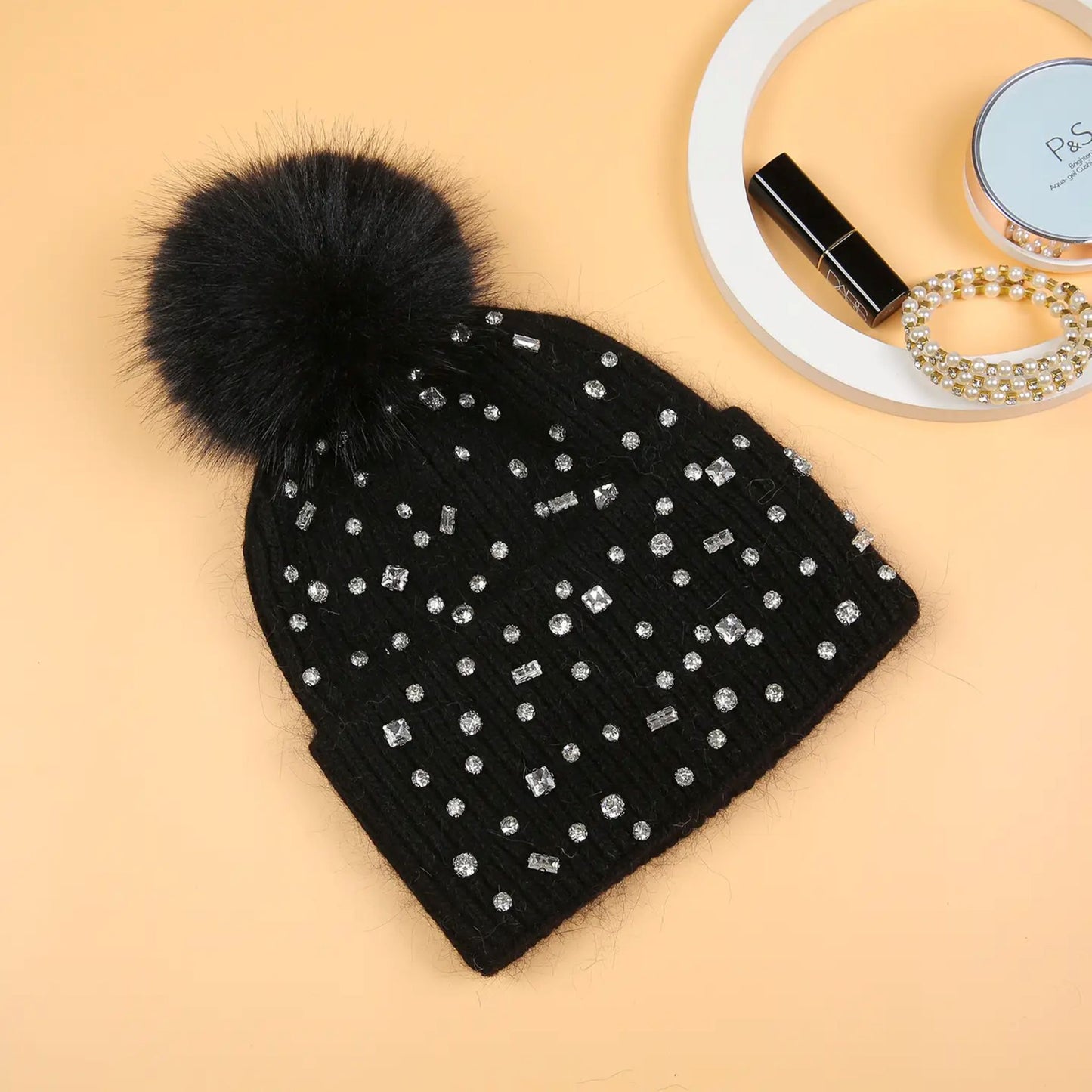 Sparkling Gem Pompom Hat in Black