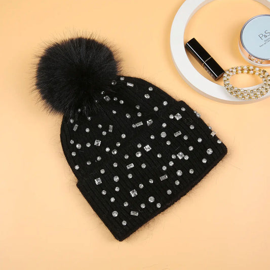 Sparkling Gem Pompom Hat in Black