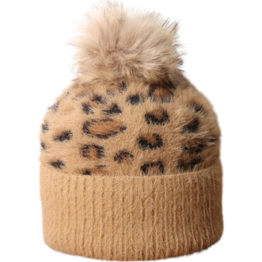 Tan Leopard Fluffy Bobble Hat