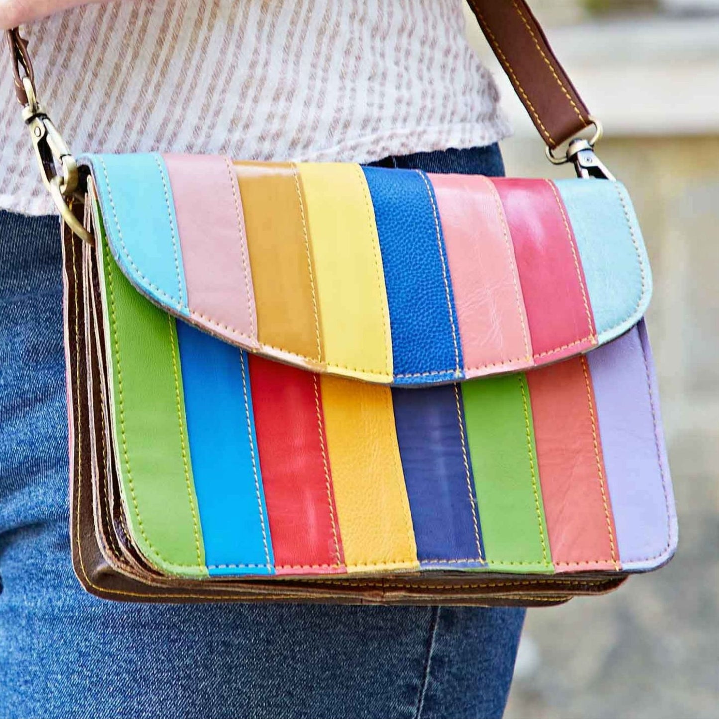 Recycled Leather Multicoloured Cross Body Bag (Handmade)
