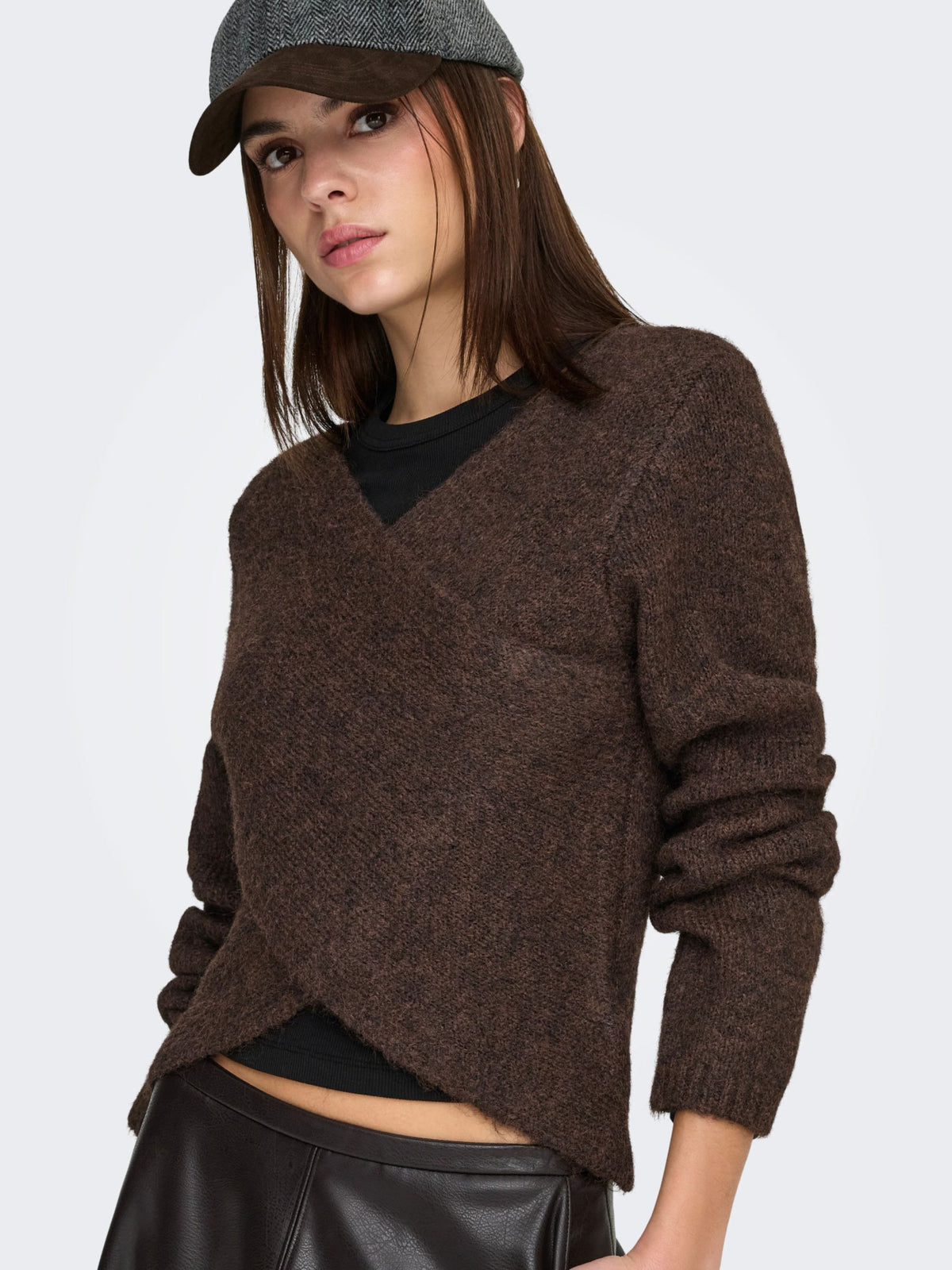 ONLY V Neck Reversible Knit in Brown