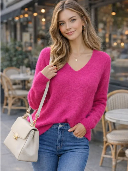 V Neck Alpaca Knit Jumper in Fuchsia Pink