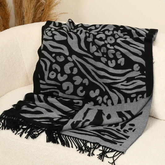 Zebra Print Fringed wool Scarf