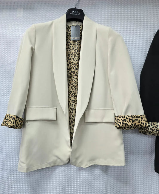 Leopard Trim Turn Up Sleeve Blazer in Beige