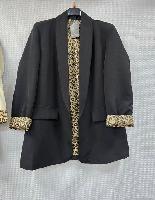 Leopard Trim Turn Up Sleeve Blazer in Black