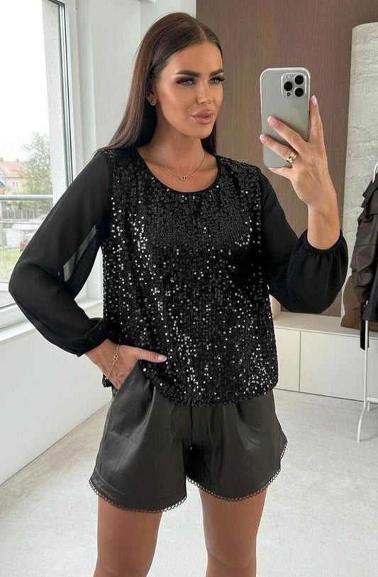 Sequin Front Panel Chiffon Top in Black