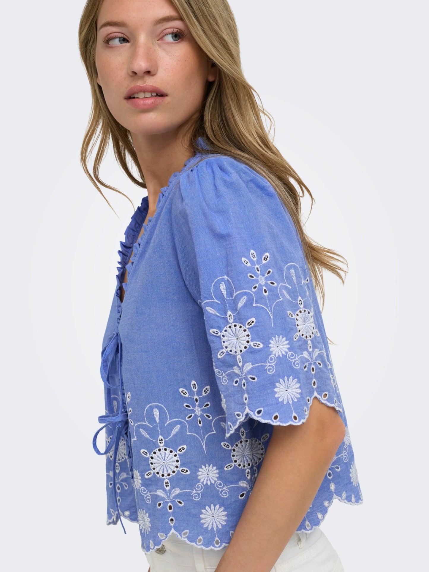 ONLY Blue Tie Front Top with Embroidery