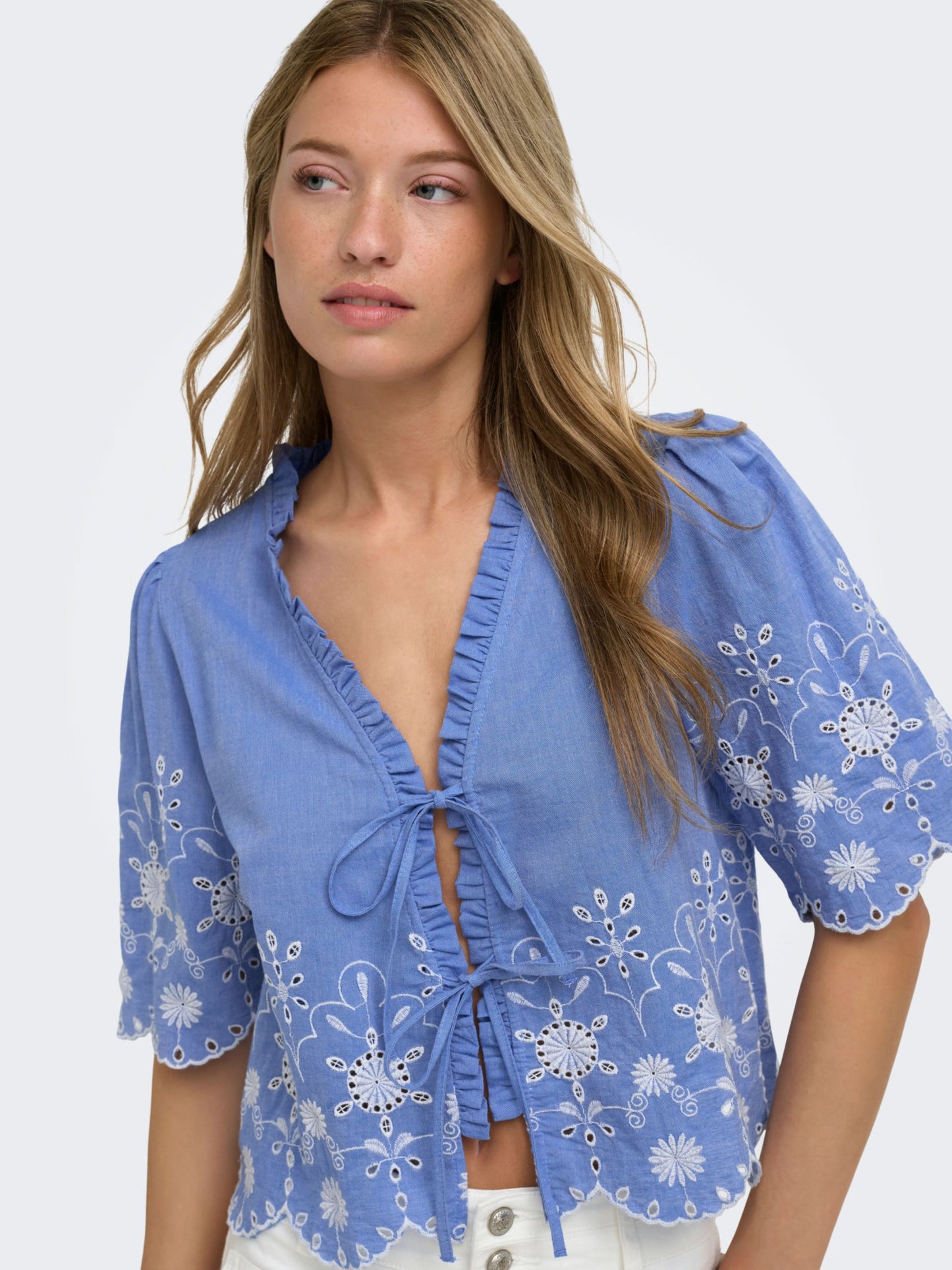 ONLY Blue Tie Front Top with Embroidery