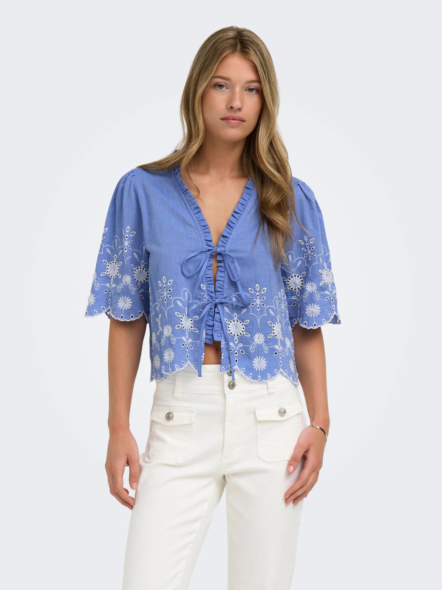 ONLY Blue Tie Front Top with Embroidery