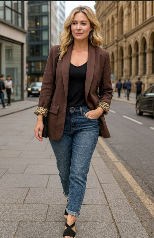 Leopard Trim Turn Up Sleeve Blazer in Brown