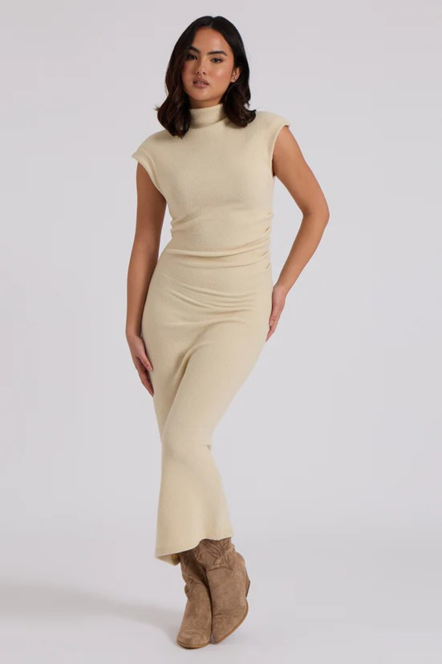 Brushed Cream Maxi Ruched Dress