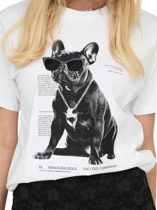 ONLY White Bulldog T-Shirt with Heart Jewel