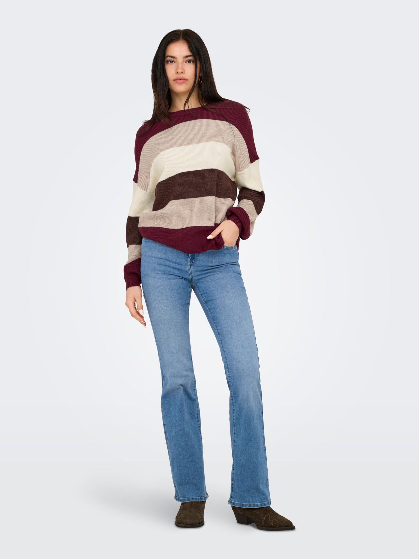 ONLY Knitted Stripe Jumper in Burgundy
