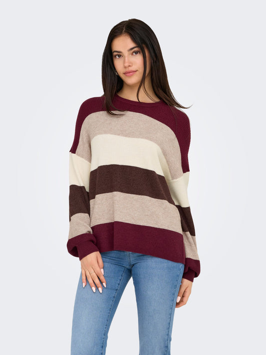 ONLY Knitted Stripe Jumper in Burgundy