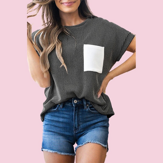 Carbon Grey Corded Knit Pocketed T-Shirt