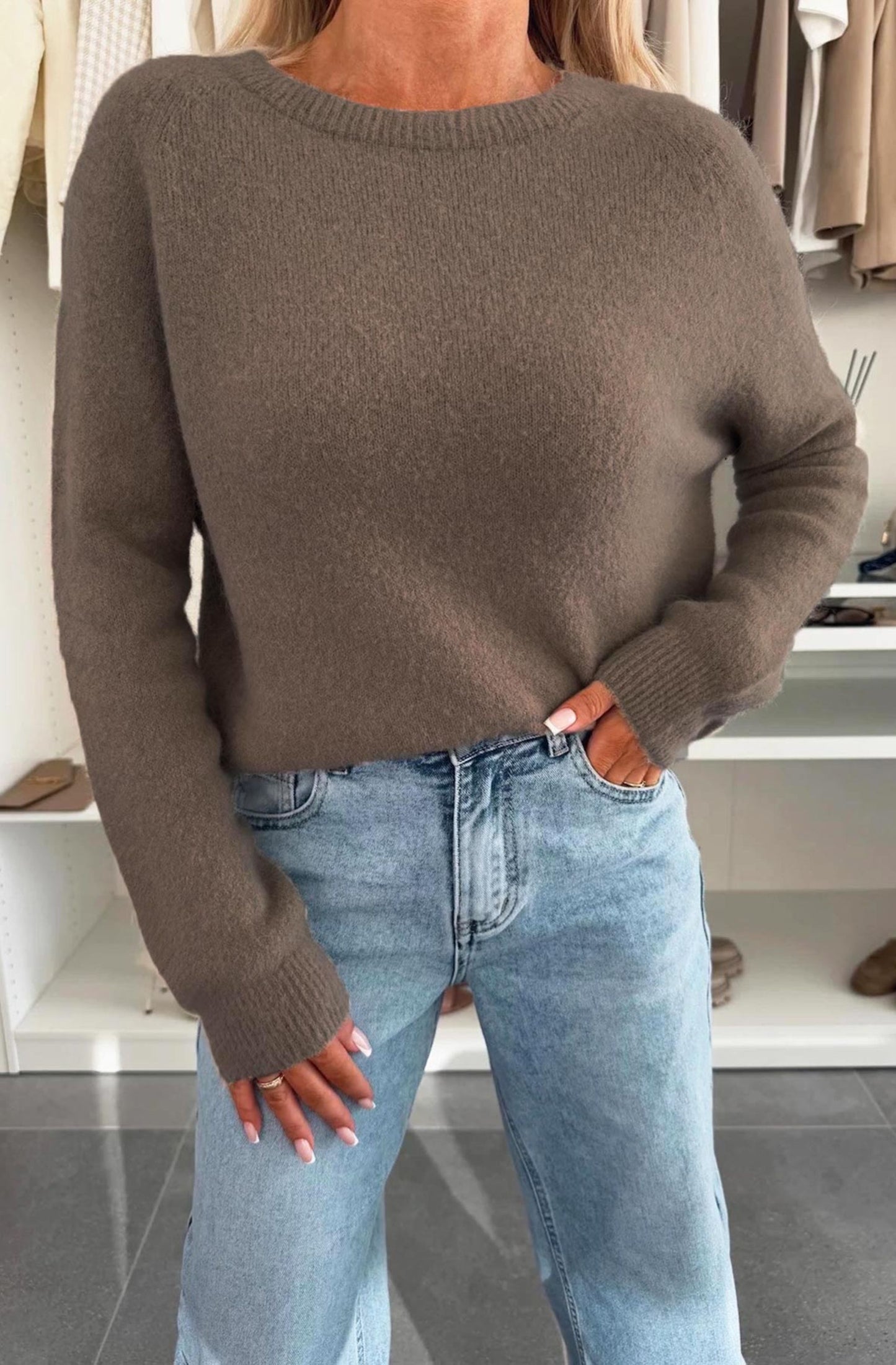 Light Knitted Jumper Sweater in Mocha