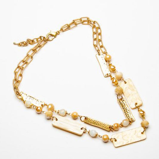 Eliza Gracious Gold / Cream Double Strand Bead Necklace - EN1082