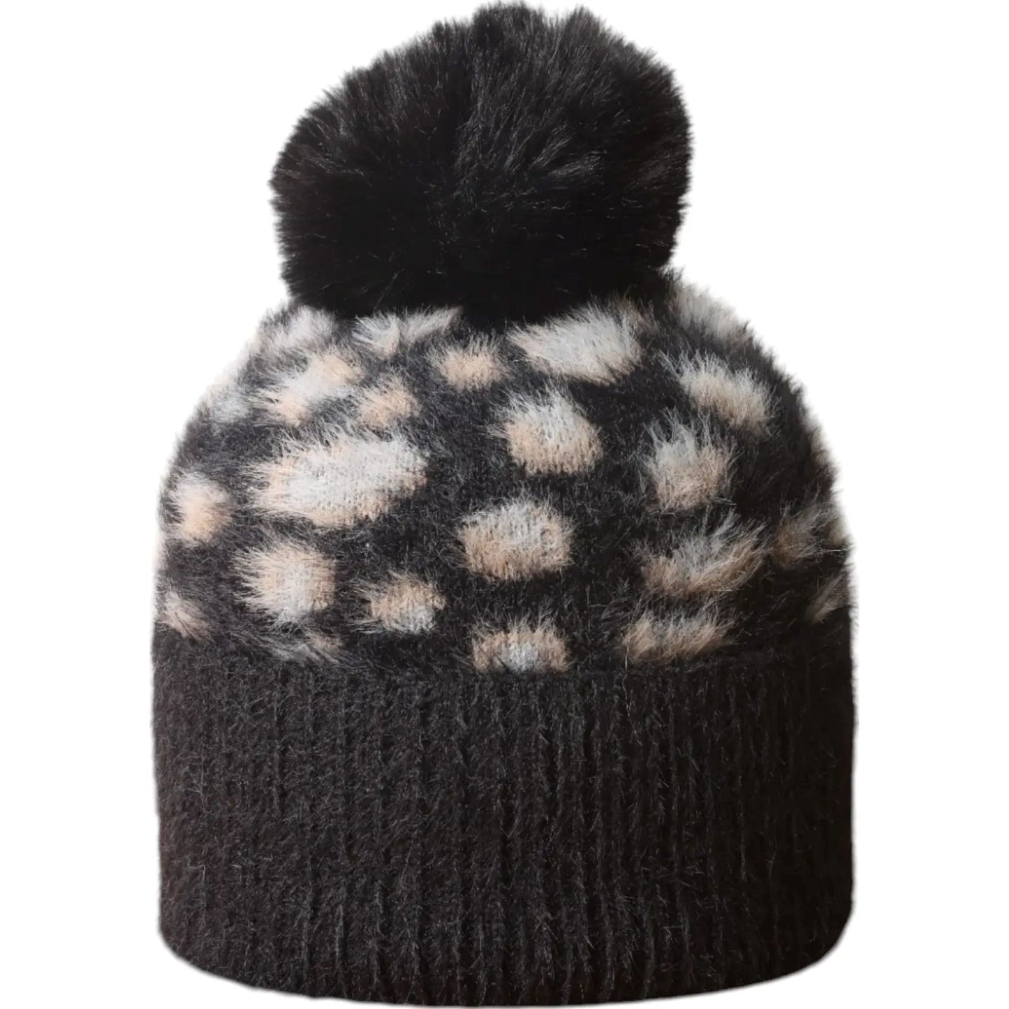 Black Leopard Fluffy Bobble Hat