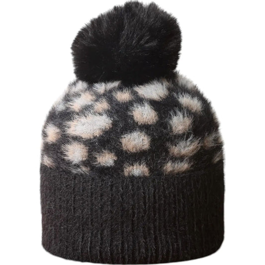 Black Leopard Fluffy Bobble Hat
