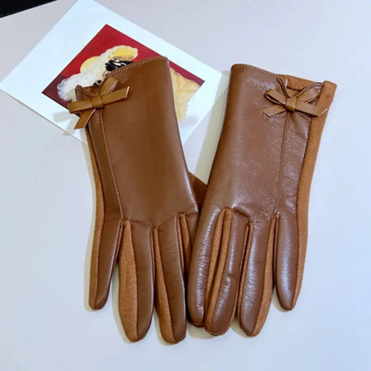 Faux Leather Gloves with Bow Detail in Brown