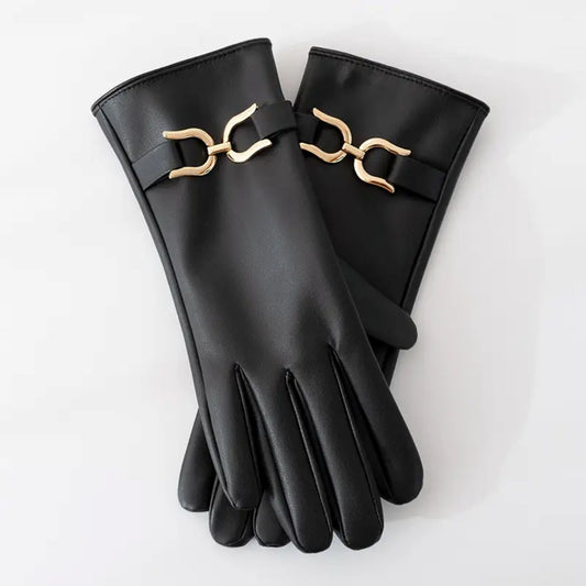 Faux Leather Gloves with Gold Buckle Detail in Black