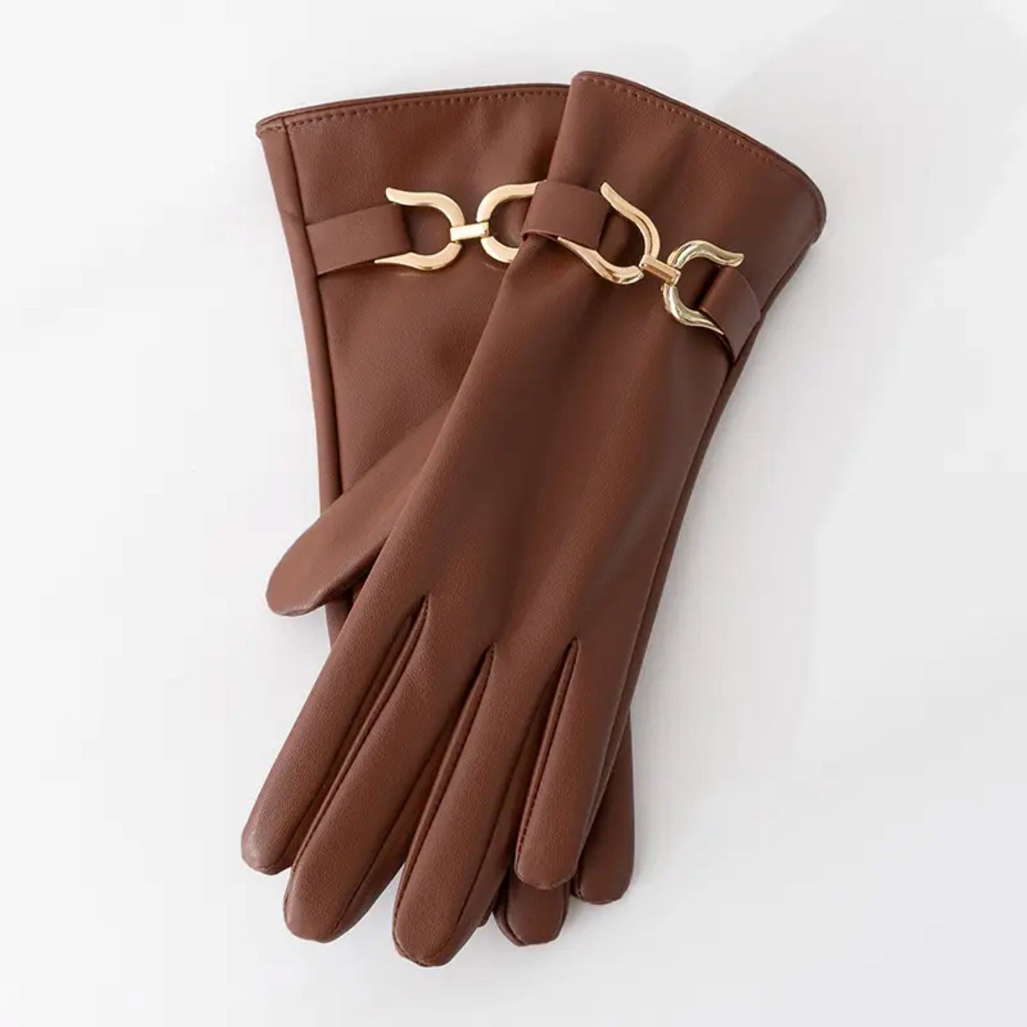 Faux Leather Gloves with Gold Buckle Detail in Brown