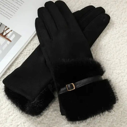 Faux Suede Gloves with Fur and Belt in Black