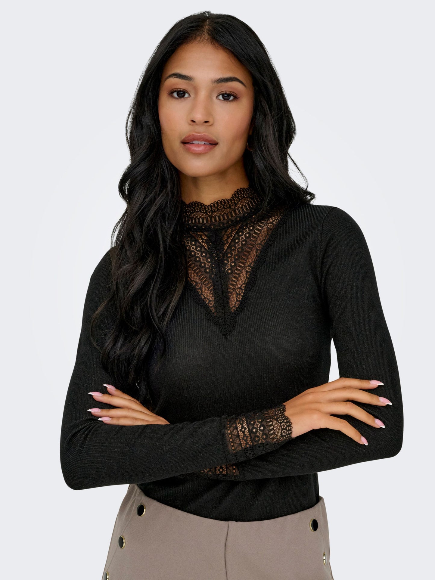 ONLY Long Sleeve Lace Top in Black with Light Glitter