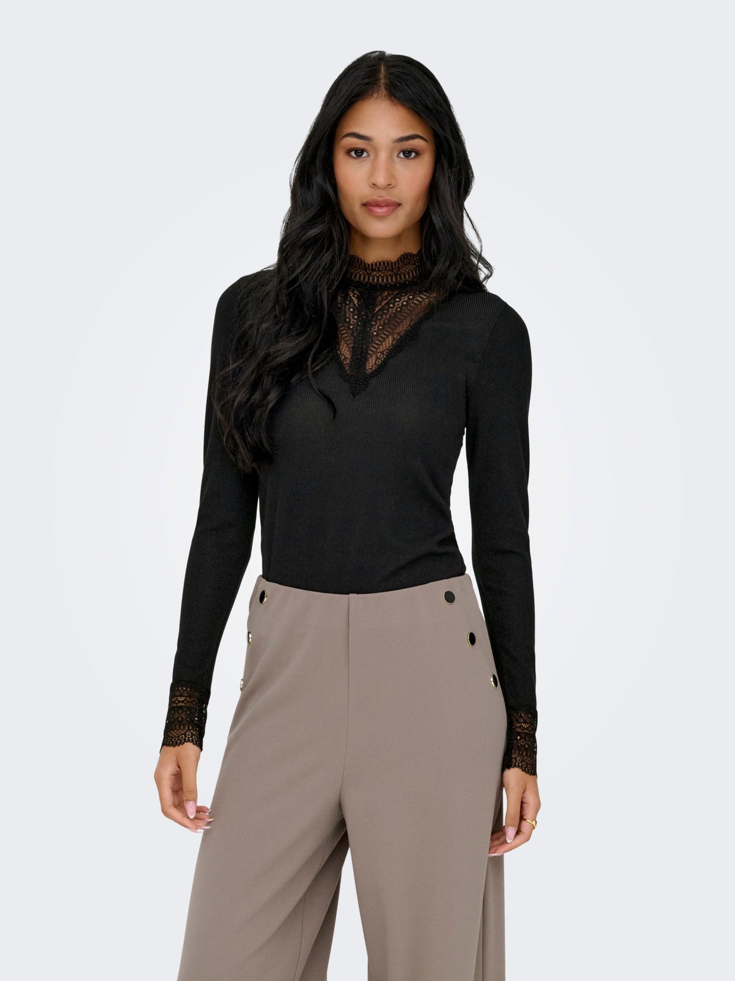 ONLY Long Sleeve Lace Top in Black with Light Glitter