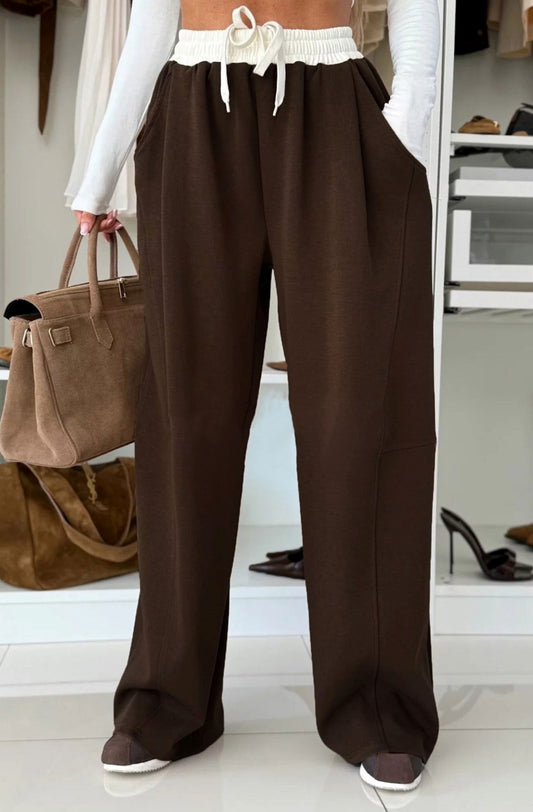 Contrast Wide Leg Trousers in Dark Brown