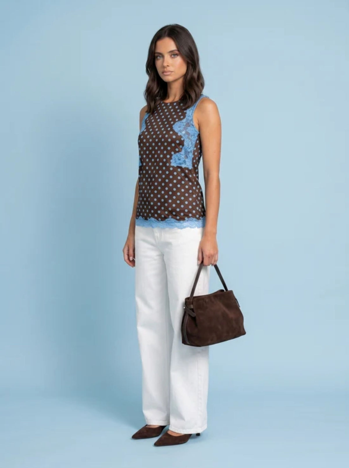 Lace Trim Spot Top in Brown