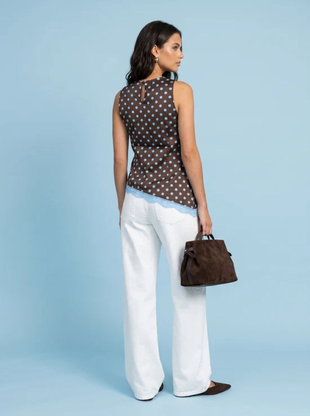 Lace Trim Spot Top in Brown