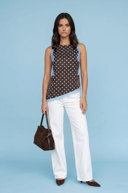 Lace Trim Spot Top in Brown