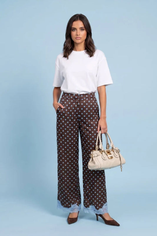 Lace Trim Spot Trouser in Brown