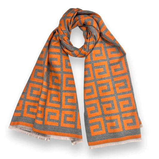 Maze Print Cashmere Blend Scarf in Orange/Grey